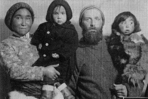 The Freuchen family on a visit to Denmark: Naravana, Pipaluk, Peter, and Mequsaq [Source: Freuchen, P., 1953: Vagrant Viking. Julian Messner Inc., NY, 312 pp.]