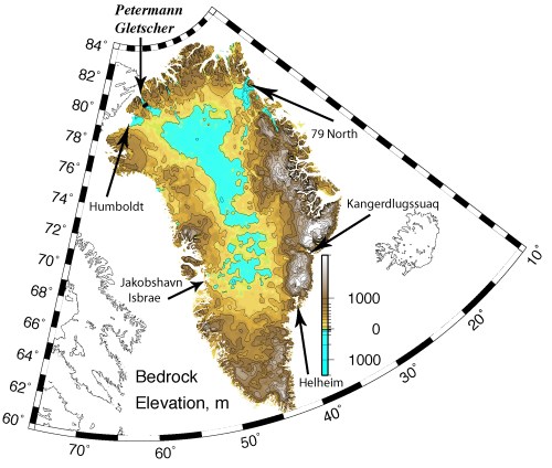 Greenland's bed-rock elevation from Bamber et al. (2003) digital elevation model based on remotely sensed surveys of the 1970ies and 1990ies gridded at 5 km resolution.