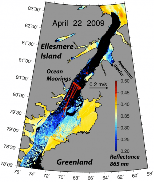 Largely ice-free Nares Strait on April 2009 with concurrent ocean velocity.