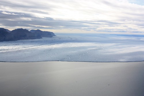 North-eastern section of Petermann Glacier on Aug.-11, 2012, the meandering river is the centerline, view is almost due east. [Photo Credit: Canadian Coast Guard Ship Henry Larsen.]