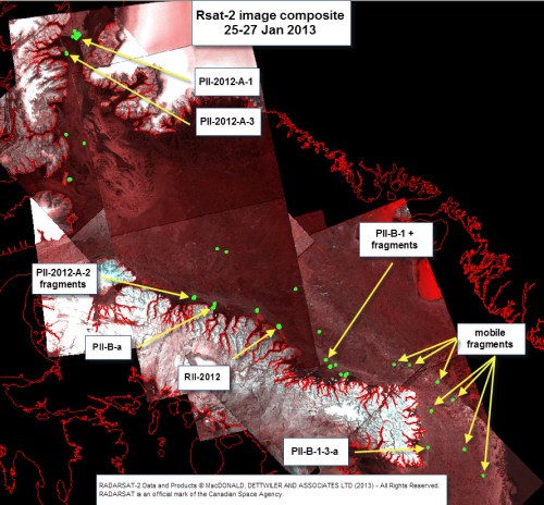 RadarSat imagery of eastern Baffin Island (bottom, right), western Greenland (top, right), and Nares Strait with Petermann Fjord (top, left) with pieces of Petermann and Ryder Ice Islands identified. [Credit: Luc Lesjardins, Canadian Ice Service]