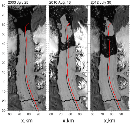 Petermann Gletscher in 2003, 2010, and 2012 from MODIS Terra in rotated co-ordinate system with repeat NASA aircraft overflight tracks flown in 2002, 2003, 2007, and 2010. Thick black line across the glacier near y = -20 km is the grounding line location from Rignot and Steffen (2008).