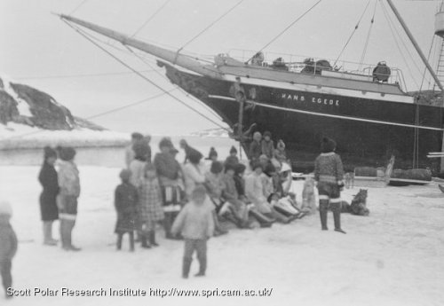 Inuit women and children visiting the Hans Egede in Greenland in 1930. [From Cambridge University]