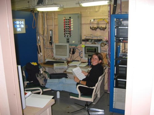 Dr Helen Johnson on acoustic Doppler current profiler (sonar to measure ocean velocity) watch aboard the USCGC Healy in Baffin Bay in 2003. [Photo credit: Andreas Muenchow]