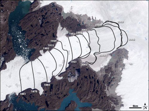 The evolution of Jacobshavn Isbrae retreat from 1851 through present. [From NASA's Earth Observatory]