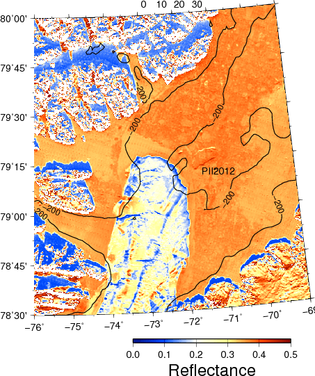 Surface reflectance at 865 nm at the southern entrance to Nares Strait on March-4, 2013. Contours are 200-m bottom depth showing PII2012 grounded at the north-eastern sector of the ice arch.