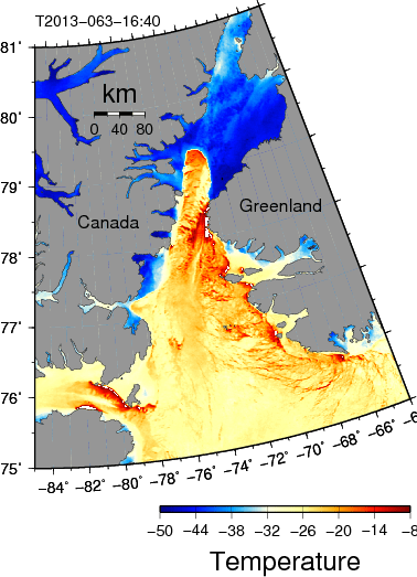 Surface temperature in degrees centigrade over northern Baffin Bay on March-4, 2013 16:20 UTC from MODIS Terra.