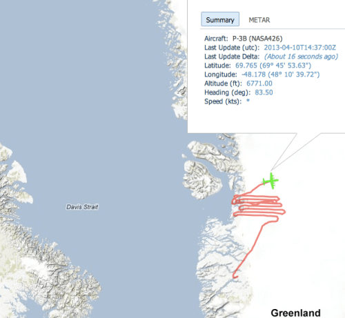 Locations of NASA's P3 air plane near Jacobshavn Isbrae on April-10, 2013.