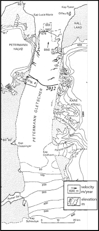 Petermann Gletscher extend and topography from 1953 through 1978 (from Higgins, 1990) with 2012 terminus position drawn in by hand.