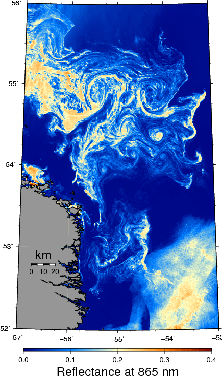 Ice in the Labrador Current as seen by MODIS-Terra on May 3, 2013.