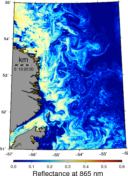Ice in the Labrador Current as seen by MODIS-Terra on April 6, 2008. Blue colors represent open water while white and yellow colors represent ice of varying concentrations.