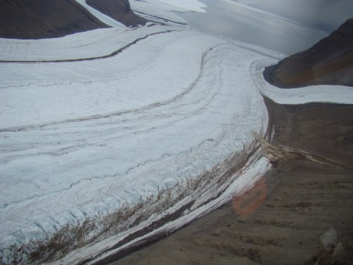 Looking down Belgrave Glacier discharging into Petermann Gletscher at its terminus in Aug. 2012 [Credit: CCGS Henry Larsen]