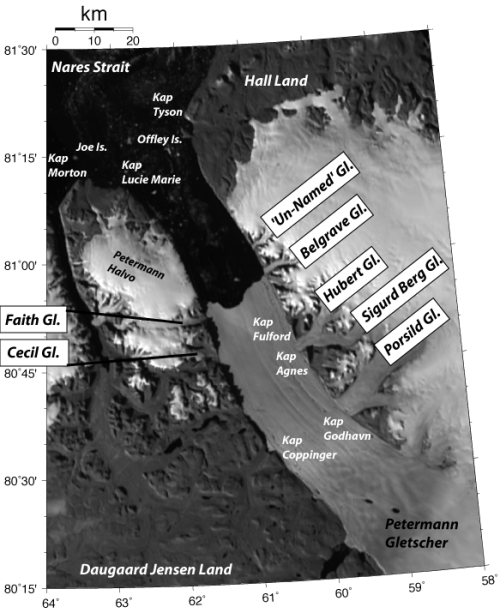 Names of glaciers, capes, islands in Petermann Region over MODIS of Aug.-21, 2012.