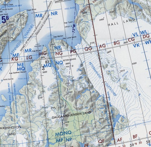 Petermann Gletscher and surroundings extracted from U.S. Defense Mapping Agency Chart ONC A5 (January 1991).