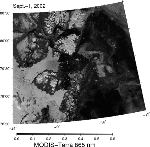 North-east Greenland: 79N Glacier and Zachariae Isstrom in 2002.