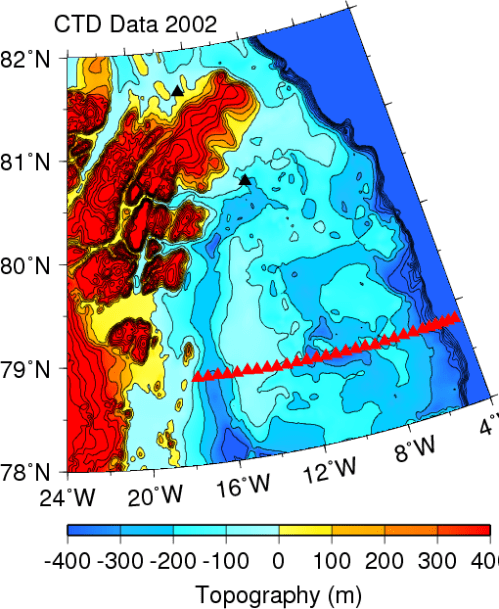 Map of North-East Greenland showing land elevations in red and yellow and bottom depths in blue. Data are  from IBCAO-2 and contoured in 100-m intervals. 