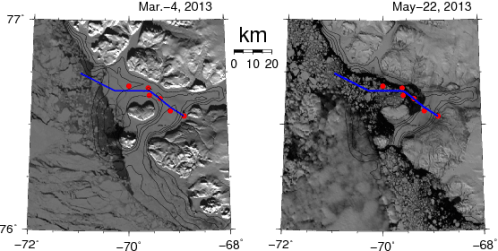 Arctic sea ice near Thule, Greenland during transition from land-fast (Mar.-4, 2013) to mobile (May-22, 2013) ice along with tentative sensor array (red) and 2003 track of bottom survey (blue). Contours are 50, 100, 150, and 200-m bottom depth. Dark areas are open water, white areas are snow or ice, land topography is naturally illuminated by a low sun-angle on Mar.-4. [Data from MODIS Terra.]