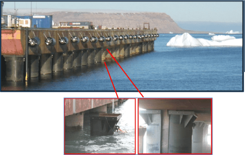 Thule Pier showing support cylinders during its 2006 repair [Credit: Appledorn Marine Engineering Inc., Portsmouth, NH]