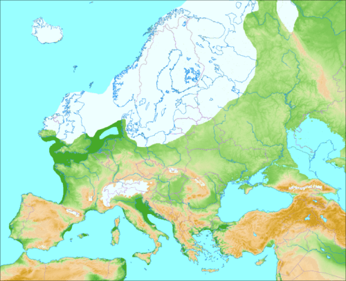 Europe during the last ice age about 50,000 years before present when a massive ice sheet covered much of Scandinavia, Britain, and the Baltic. Note that North Germany and Denmark are ice-free in the west, but ice-covered in the east. [From WikiPedia]