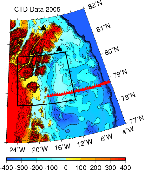 North-East Greenland continental shelf with 2005 CTD stations (red triangles). Yellow contours are floating ice shelves, black triangles are weather stations, the black box is the frame of the MODIS satellite imagery.