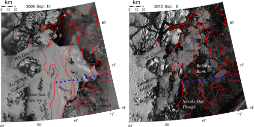 Visible MODIS imagery of the study area at 250 m resolution showing 79N and Zachari\ae\, Glaciers, Norske \O re Trough, and Belgica Bank for Sept.-2009 (left) and Sept.-2013 (right). Mountains are naturally illuminated by low sun angles. Red contours are 100, 200, and 300 m bottom depths. Blue symbols show 2002 and 2005 science stations.