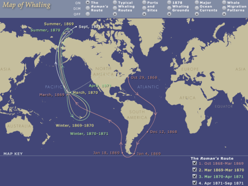 Three year voyage of the whaler Roman leaving New England 1868 until her sinking 1871. [From http://www.girlonawhaleship.org/">Martha's Vineyard museum