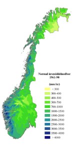 Annual mean precipitation, Norway.  [From Met. Office] 