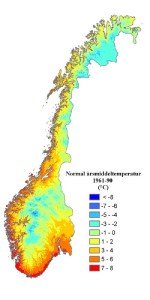 Annual mean temperature, Norway.  [From Met. Office]