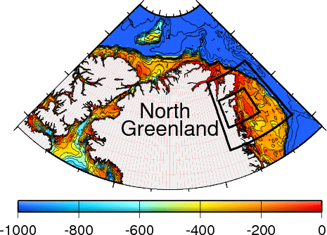 Map of North Greenland with shallow (red/yellow) and deep (blue) oceans. Future study area are black boxes on the continental shelf of north-east Greenland.