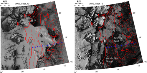 Anotated MODIS images of 79N Glacier and Zachariae Icestream in September 2009 (left) and 2013 (right). Thick red line is 100-m depth with icebergs grounded on Belgica Bank often supporting extensive land-fast ice such as in 2009 but not 2013. 