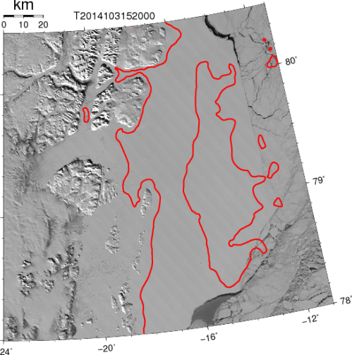 Ice-covered coastal waters off northeast Greenland April 14, 2014. Red contour indicates 100-m water depth. The "horseshoe" shaped red island is Belgica Bank with Norske Oer Trough to its south-west.