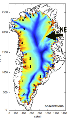 Speed of Greenland's ice sheet movements. NE indicates the fast-moving (red) North-East Greenland Ice Stream with 3 branches connecting it to the ocean. [From Mauri Pelto's blog]