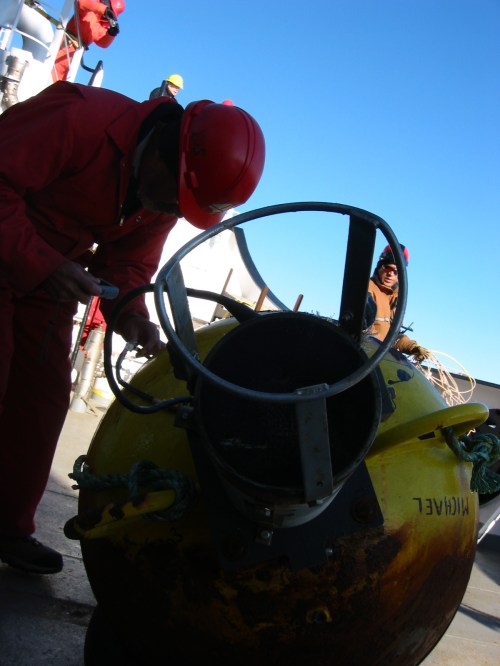 Jonathan Poole in 2012 with ice profiling sonar hit by ice.