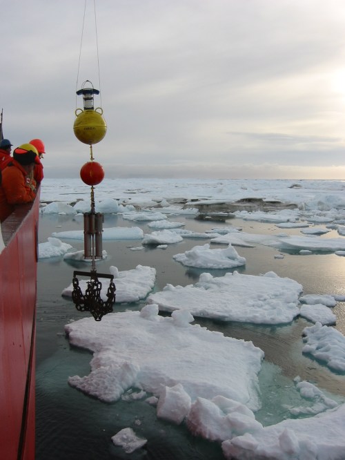 Acoustic Doppler Current Profiler mooring deployment in Nares Strait from aboard the CCGS Henry Larsen in 2009.