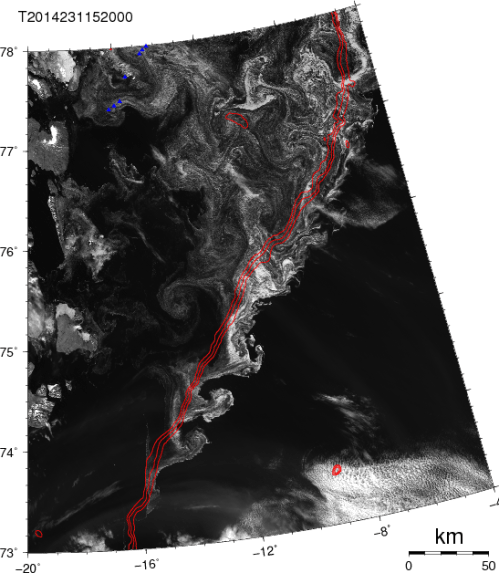 Satellite image ocean current instabilities on Aug.-19, 2014 as traced by ice along the the shelf break, red lines show 500, 750, and 1000 meter water depth. Small blue triangles top left are ocean moorings.