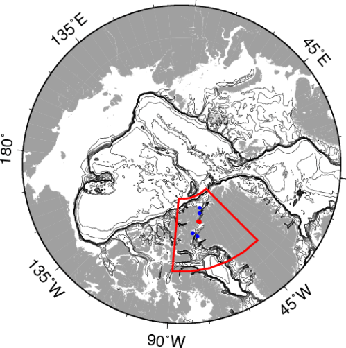 Arctic Ocean with Nares Strait study area (red box) with tide gauge locations as blue symbols and section of moored array as red symbol. Contours are bottom topography that emphasize ocean basins and continental shelf areas.