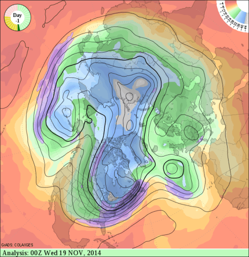 A wobbly jet stream that separates cold Arctic air from warmer mid-latitude air. Note the strong gradients over eastern North America. [From wxmaps.org]  