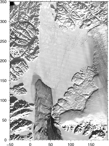 Kane Basin with Humbold Glacier, Greenland in the east, Ellesmere Island, Canada in the west as well as Smith Sound in the south, and Kennedy Channel of Nares Strait in the north. The visible image was taken Mar.-2, 2015 at 17:30 UTC by MODIS Terra.