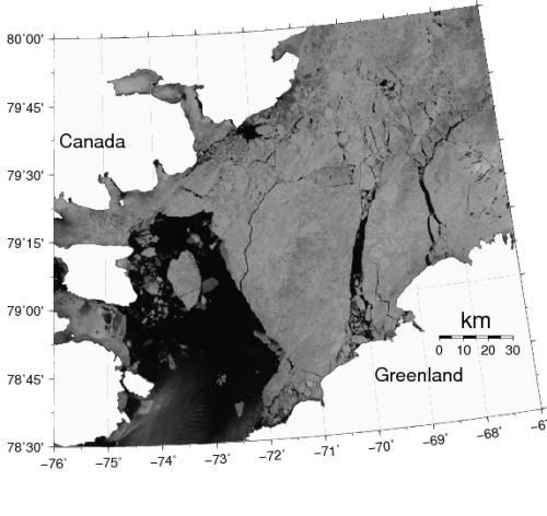 Collapsing ice arch at the southern entrance to Nares Strait on 13 July 2015 from MODIS AQUA.