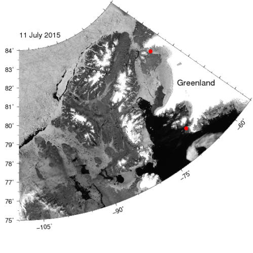 Image of northern Greenland (top right) and Ellesmere Island (center) showing open water as black, land as gray, and sea ice as gray/white. The two red dots are Thule Air Force Base in the south and Petermann Glacier in the north. Note the bands of black water along the coast of Ellesmere Island that result from east to west blowing winds that move ice offshore.