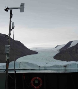 Meterologic station aboard the ship.  The ice of Greenland in the background.