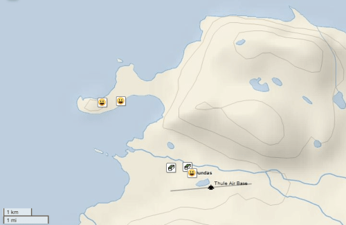 Geocaching map of Thule AFB, North Mountain, and Dundas Mountain. Smiley faces show that I found and opened the hidden treasures.