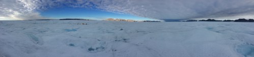 Panoramic view of the ocean-weather station on Petermann Gletscher. View is towards the south-east with Washington Land in the background.  [Photo credit: Peter Washam].