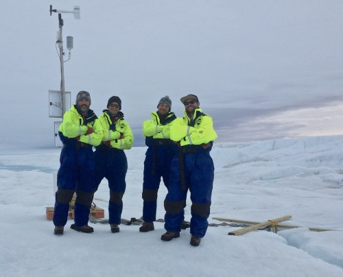 University of Delaware Ocean-Weather station on Petermann Glacier with the hot-water drilling team UDel and British Antarctic Survey after deployment Aug.-20, 2015 [Credit: Peter Washam, UDel]