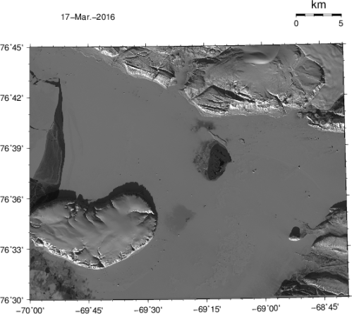LandSat photo/map of Thule, Greenland Mar.-17, 2016. The airfield of Thule Air Force Base is seen near the bottom on the right. The island in ice-covered Westenholme Fjord is Saunders Island (bottom left) while the glacier top right is Chamberlin Gletscher.