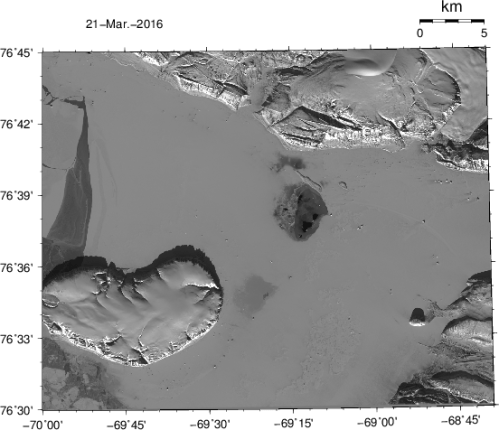 LandSat photo/map of Thule, Greenland Mar.-21, 2016. The airfield of Thule Air Force Base is seen near the bottom on the right. The island in ice-covered Westenholme Fjord is Saunders Island (bottom left) while the glacier top right is Chamberlin Gletscher.