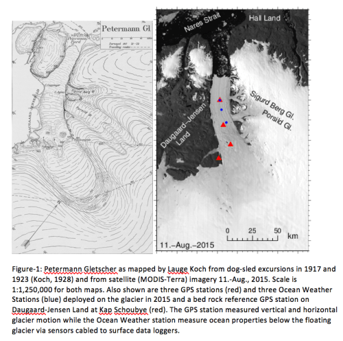 Maps of Petermann Gletscher by Lauge Koch from 1917 and 1921 dog sleds and 2015 from MODIS-Terra.
