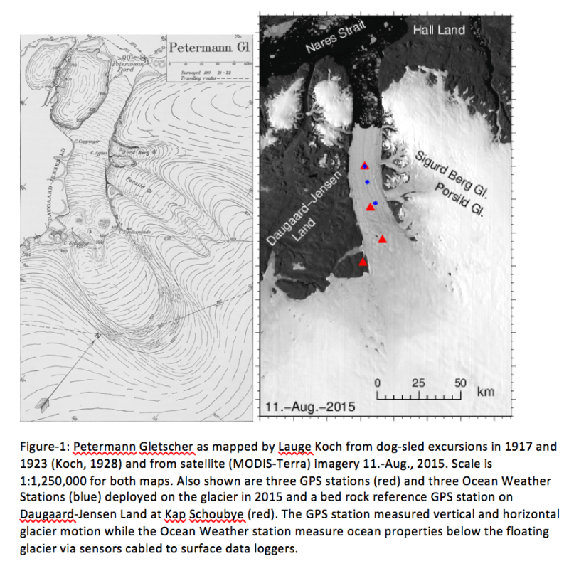 Maps of Petermann Gletscher by Lauge Koch from 1917 and 1921 dog sleds and 2015 from MODIS-Terra.