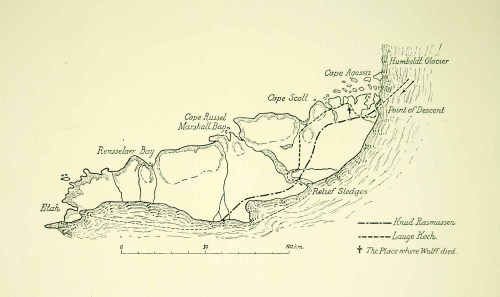 Map detail of Inglefield Land with tracks from Second Thule Expedition after leaving the ice sheet, from Rasmussen (1923). Humboldt Glacier is on the right with Kane Basin to the top.