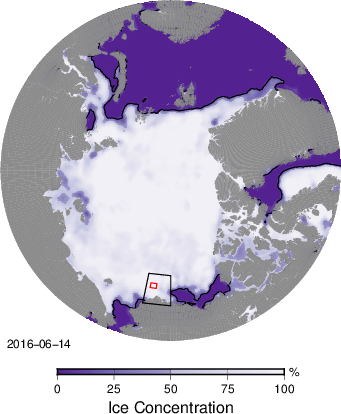 Ice concentration for June 14, 2016 from SSM/I imagery. Insert show study area to the north of Alaska and planned mooring locations (red box).